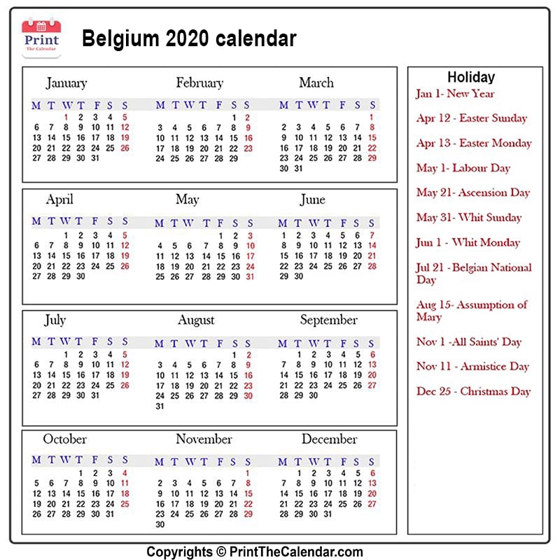 Belgium Holidays 2020 [2020 Calendar with Belgium Holidays]